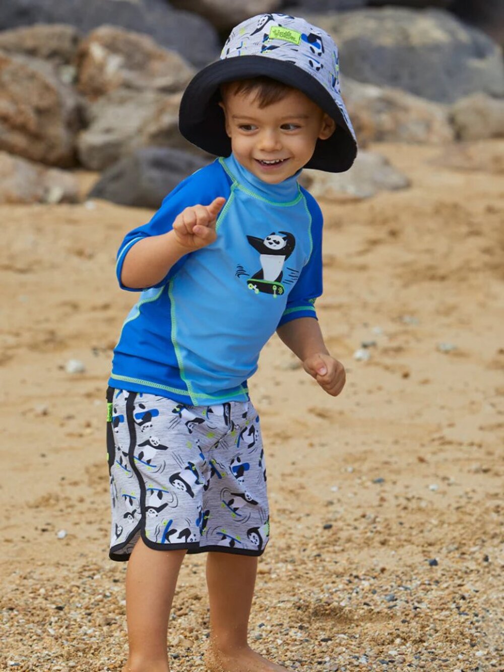 (EUC) UV Skinz Swim Set - Skateboard Panda Rash Guard, Shorts and Hat - Size 4T